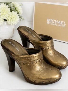 Y2K Michael Kors Metallic Gold leather Studded Mules wood heel platform clogs